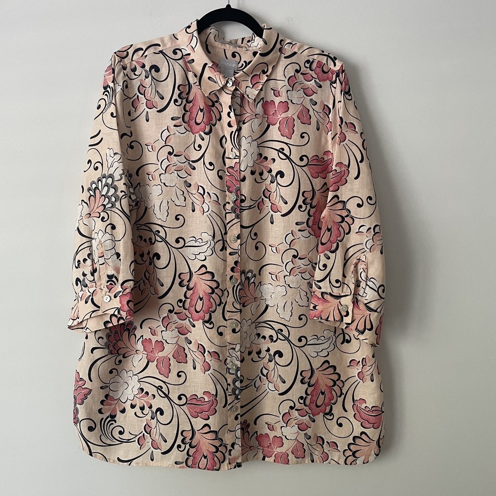 Chicos Linen No Iron FreshChic Floral Button Up Blouse Pink Size XL Boho Resort